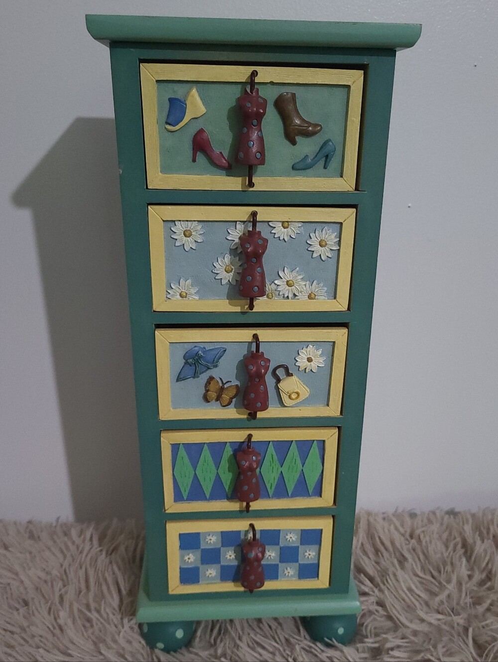 Russ Berrie 5 Drawer Wooden Jewelry Box Chest Vintage Cottagecore 90s Y2K